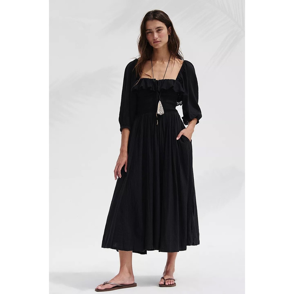 Free People Women's Oasis Midi Dress Black Smocked Bodice Ruffle Flowy Cotton